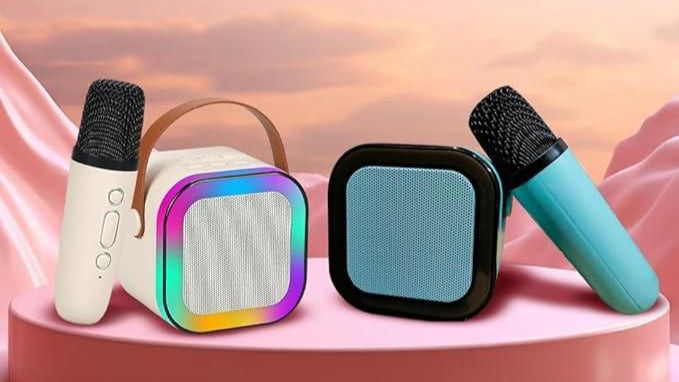 Colorful microphone and speaker set on a pink platform with 'Multicolour' text.