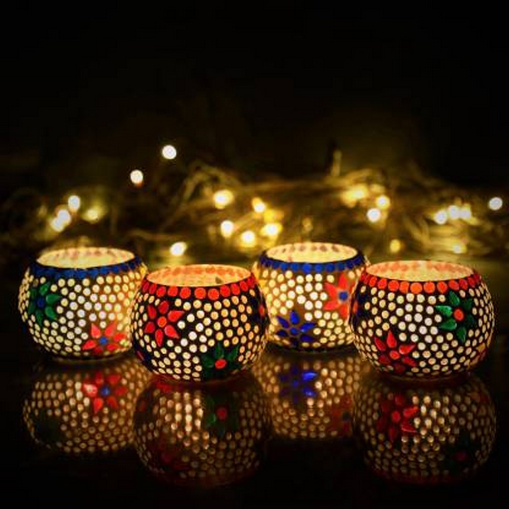 Set of 4 Mosaic Glass Tea Light Holder