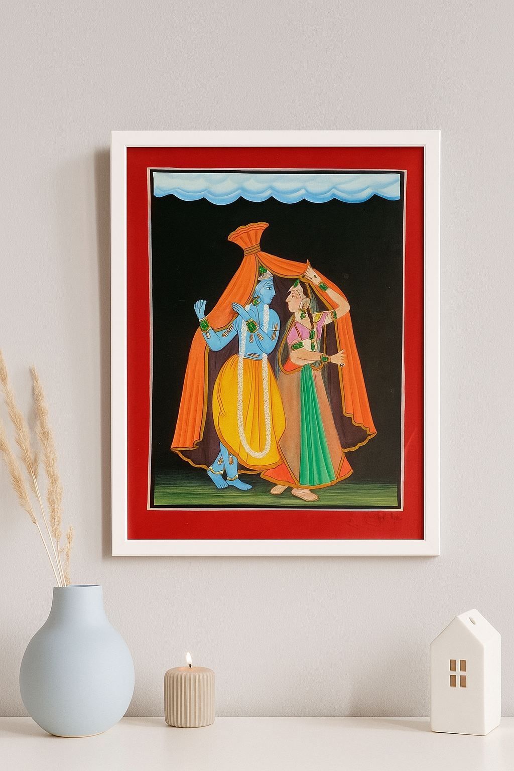 Divine Love of Radha Krishna – Traditional Indian Basholi Art