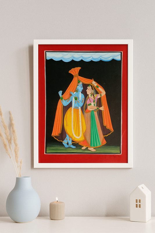 Divine Love of Radha Krishna – Traditional Indian Basholi Art