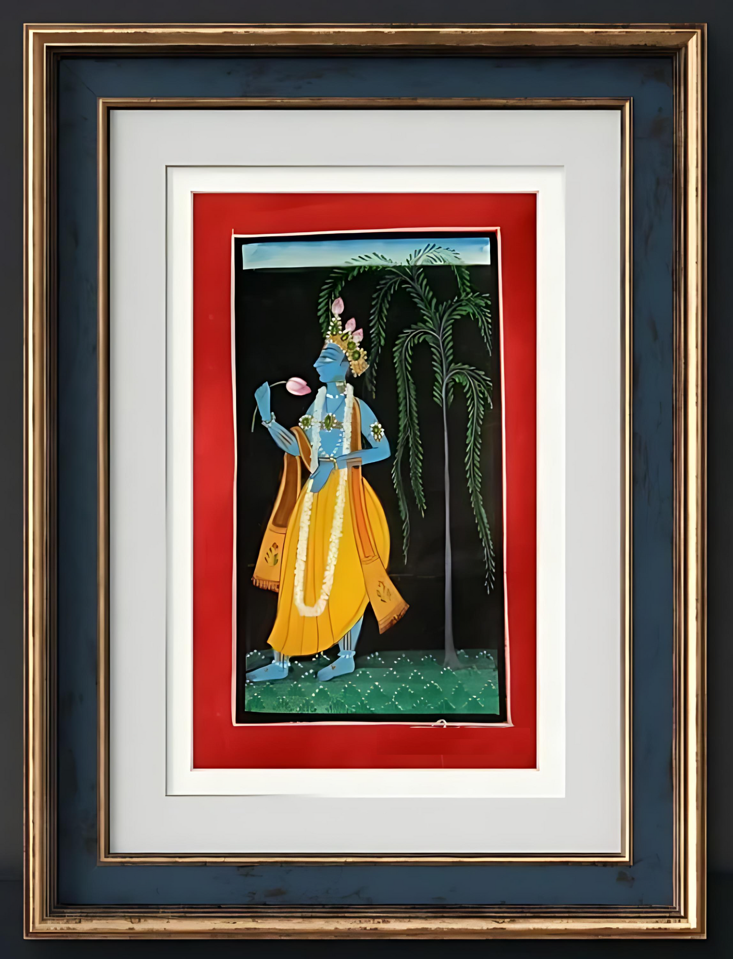 Basohli Miniature Painting – Lord Krishna (Framed)