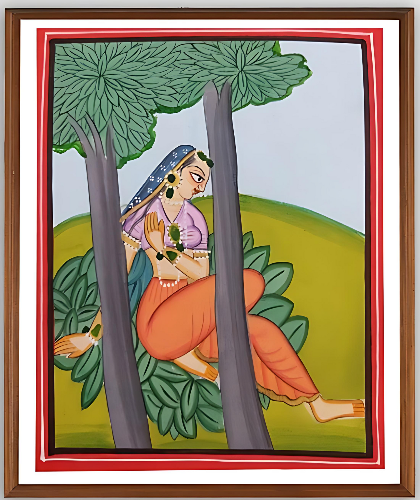 Basohli Miniature Painting – Elegant Lady Amidst Nature