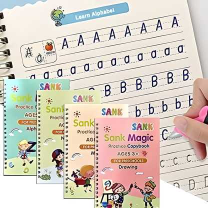 Magic Practice Copybook with Pen,Reusable Writing Tool (Set of 4 Books + 10 Refill + 1 Pen)