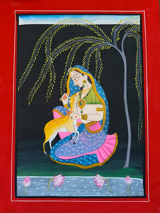 Graceful Lady with Deer – Basohli Miniature Painting