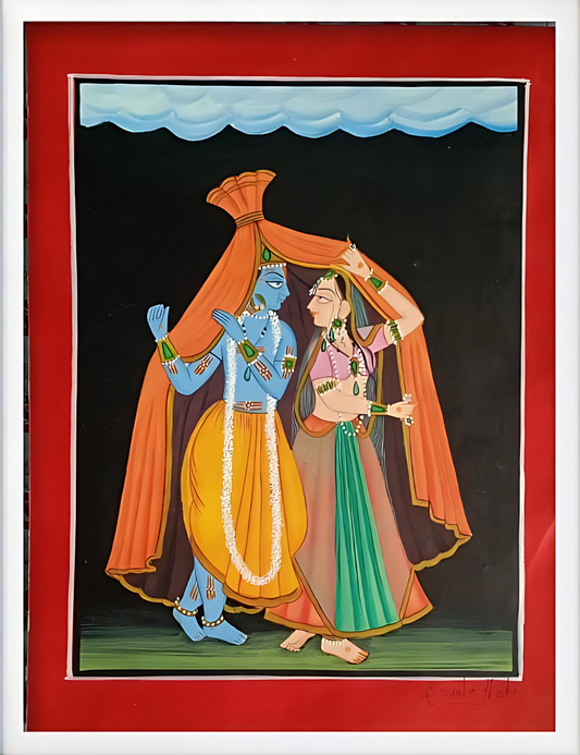 Divine Love of Radha Krishna – Traditional Indian Basholi Art