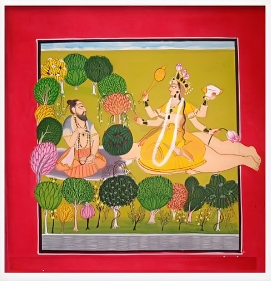 Goddess Lakshmi with Sage – Traditional Indian Basohli Art Painting