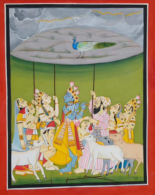 Lord Krishna Lifting Govardhan – Traditional Indian Basohli Art